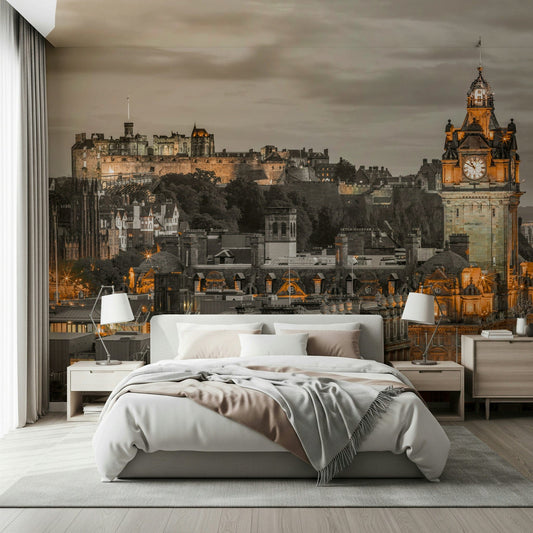 Clock tower glow Edinburgh Twilight picture, vintage architecture accents.