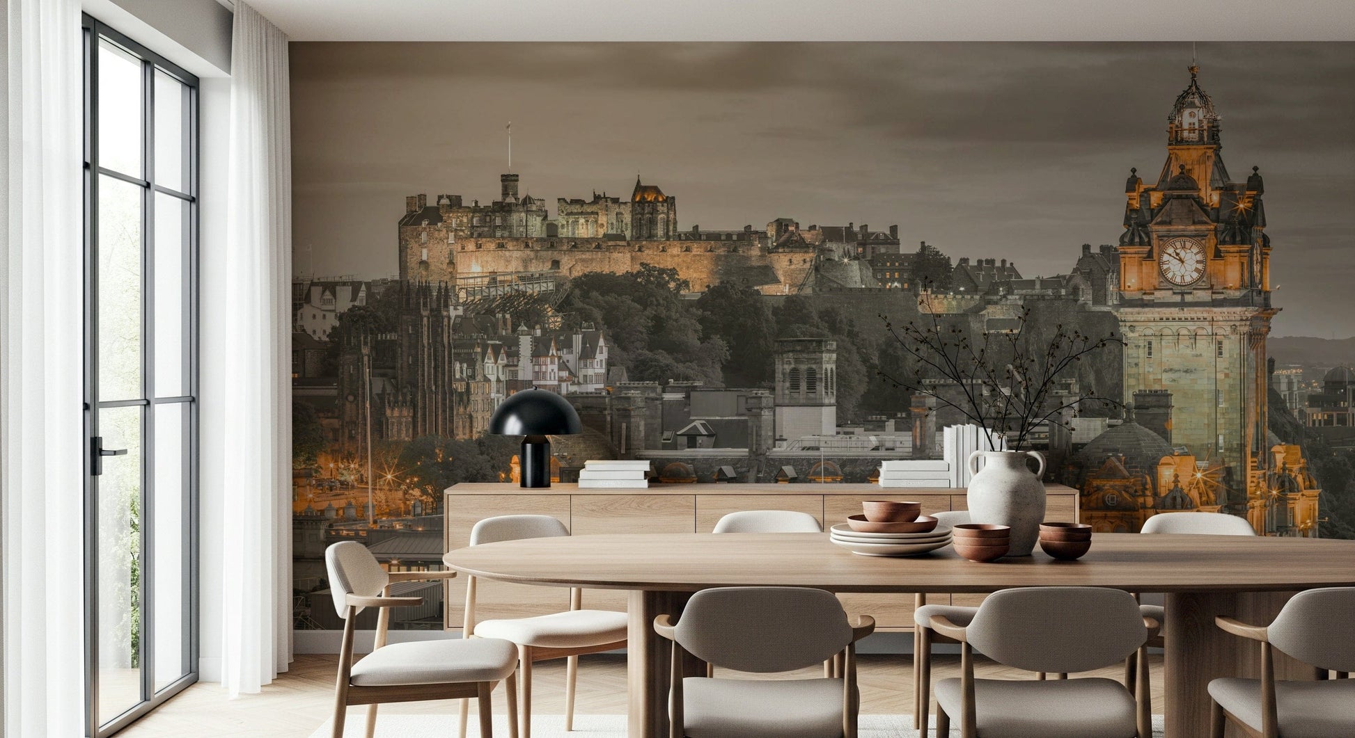 Edinburgh Twilight castle view wall mural, iconic Scottish city scene.