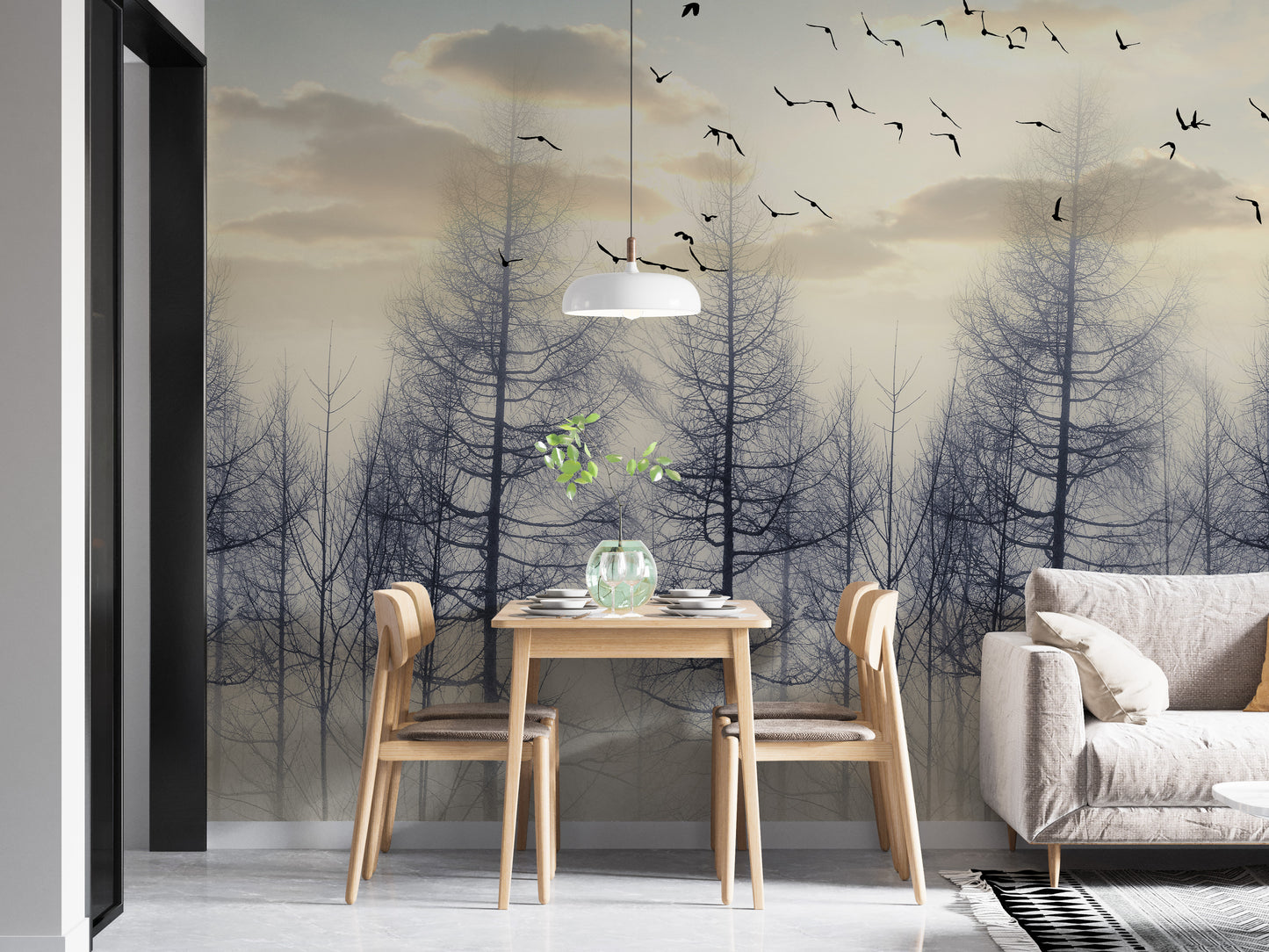 Eerie Foggy Forest Spooky Tree Halloween wallpaper mural styled along a hallway feature wall near a console in beige tones