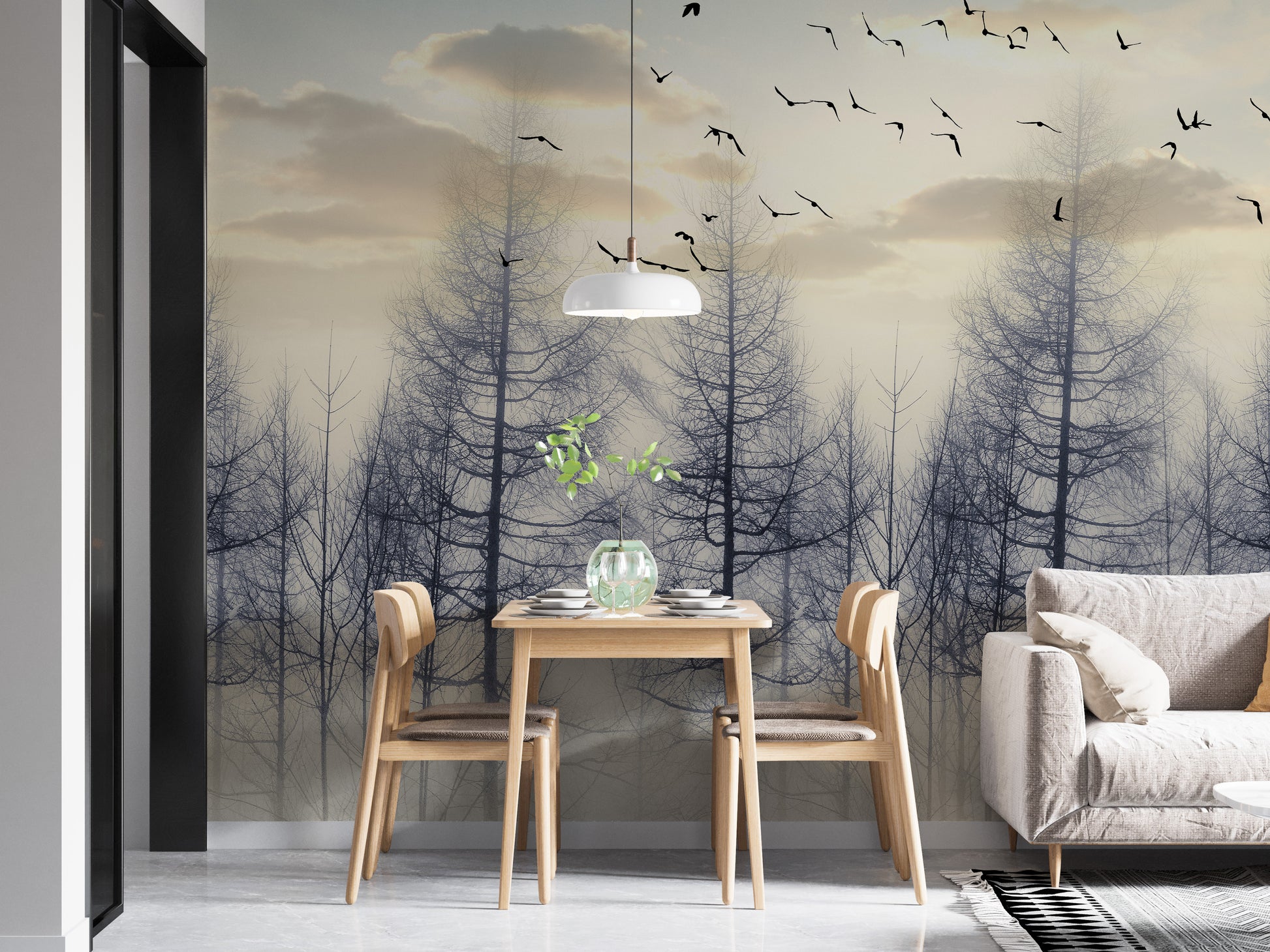 Eerie Foggy Forest Spooky Tree Halloween wallpaper mural styled along a hallway feature wall near a console in beige tones