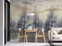 Eerie Foggy Forest Spooky Tree Halloween wallpaper mural styled along a hallway feature wall near a console in beige tones