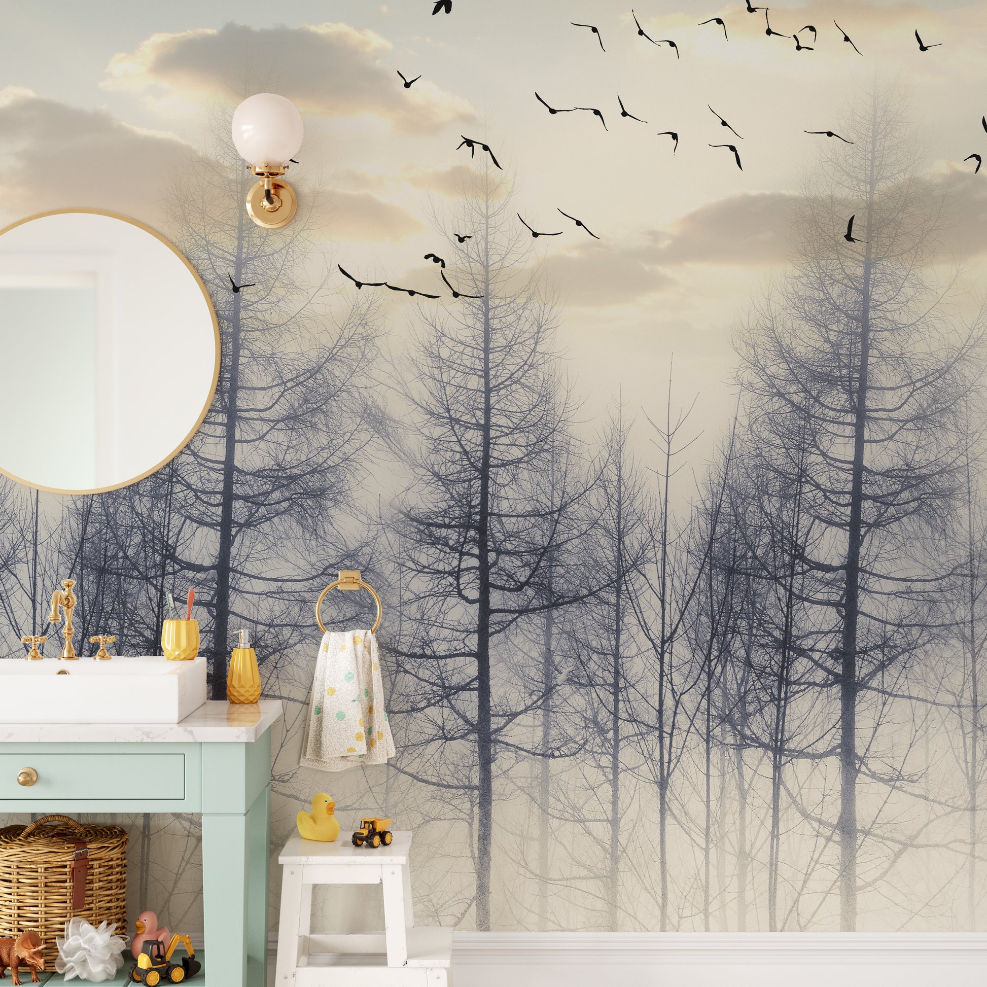 Eerie Foggy Forest Spooky Tree Halloween wallpaper mural as a feature wall in a home office workspace in beige tones
