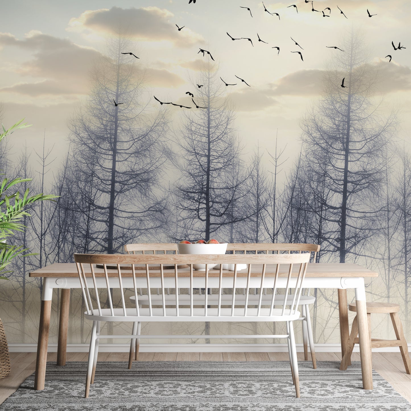 Eerie Foggy Forest Spooky Tree Halloween wallpaper mural styled as a feature wall behind a dining table and chairs