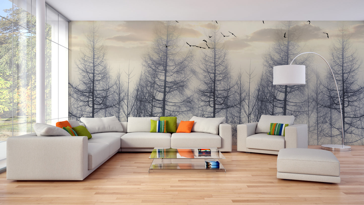 Eerie Foggy Forest Spooky Tree Halloween wallpaper mural as a bedroom feature wall behind the headboard in beige tones