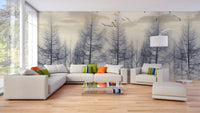 Eerie Foggy Forest Spooky Tree Halloween wallpaper mural as a bedroom feature wall behind the headboard in beige tones