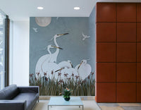 The colors are a blend of deep blues, grays, and whites, with a serene glow.
