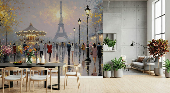Eiffel Dreamscape wall mural of an impressionist Paris street and carousel behind a black dining table with wood chairs
