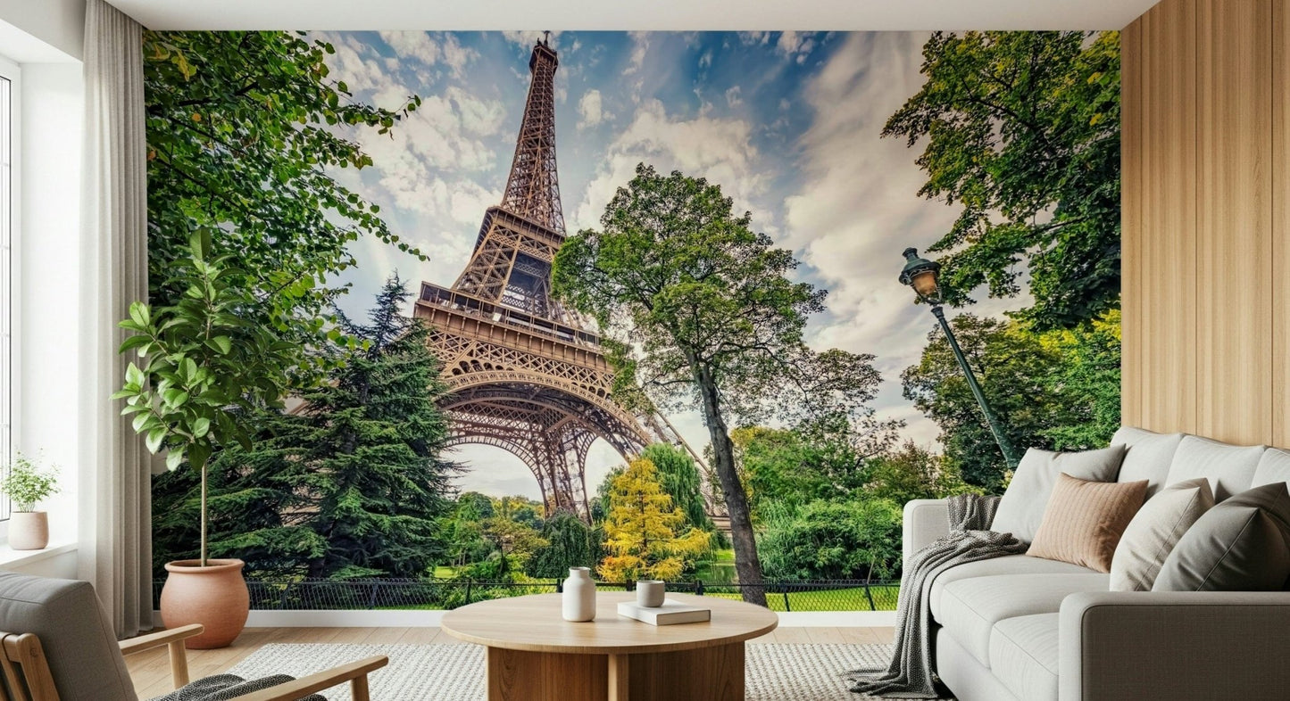 Eiffel Tower Greens wallpaper mural showing the Eiffel Tower behind a gray sofa and wood-slat wall in a living room