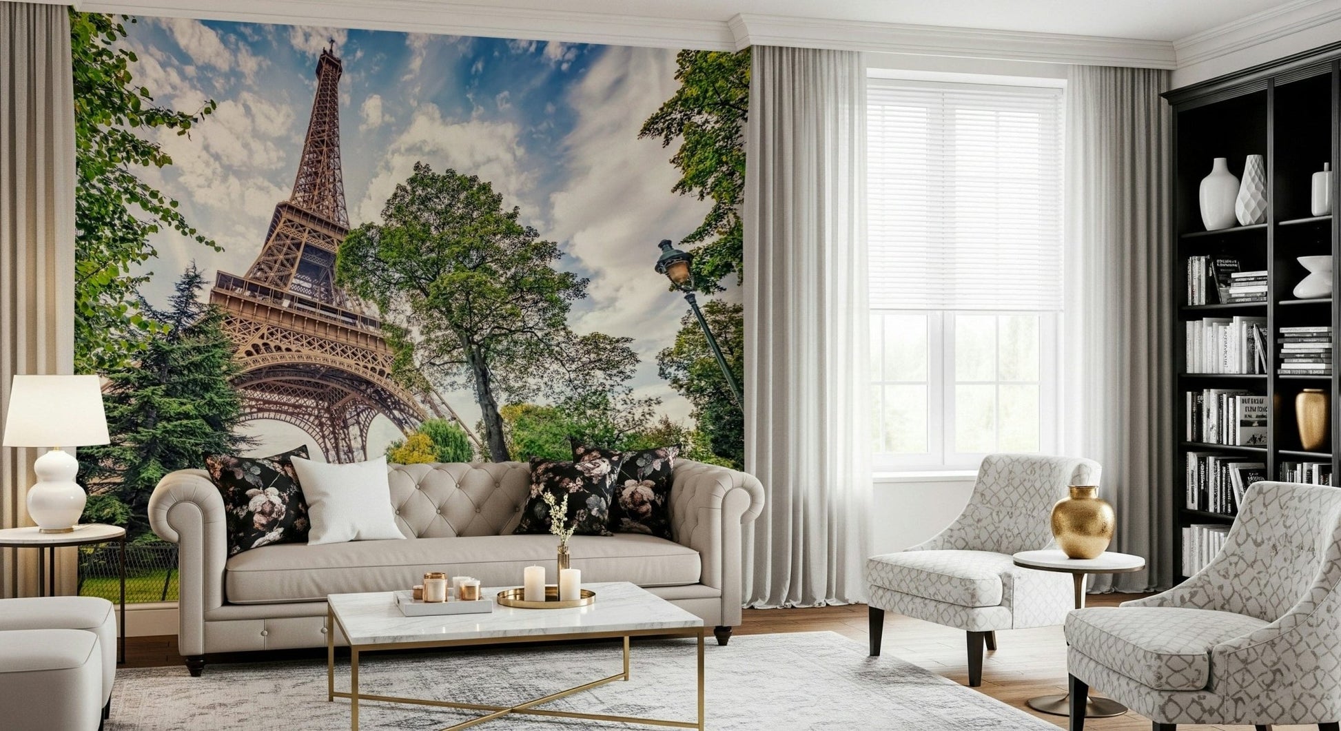 Eiffel Tower Greens wallpaper mural showing the Eiffel Tower behind a beige Chesterfield sofa with floral cushions