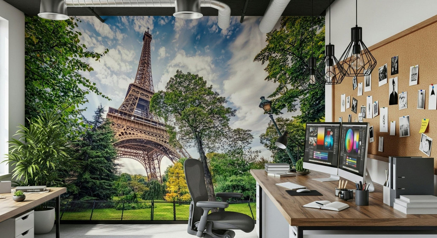 Eiffel Tower Greens wallpaper mural of the Eiffel Tower over a dual-monitor desk and mesh chair in a home office