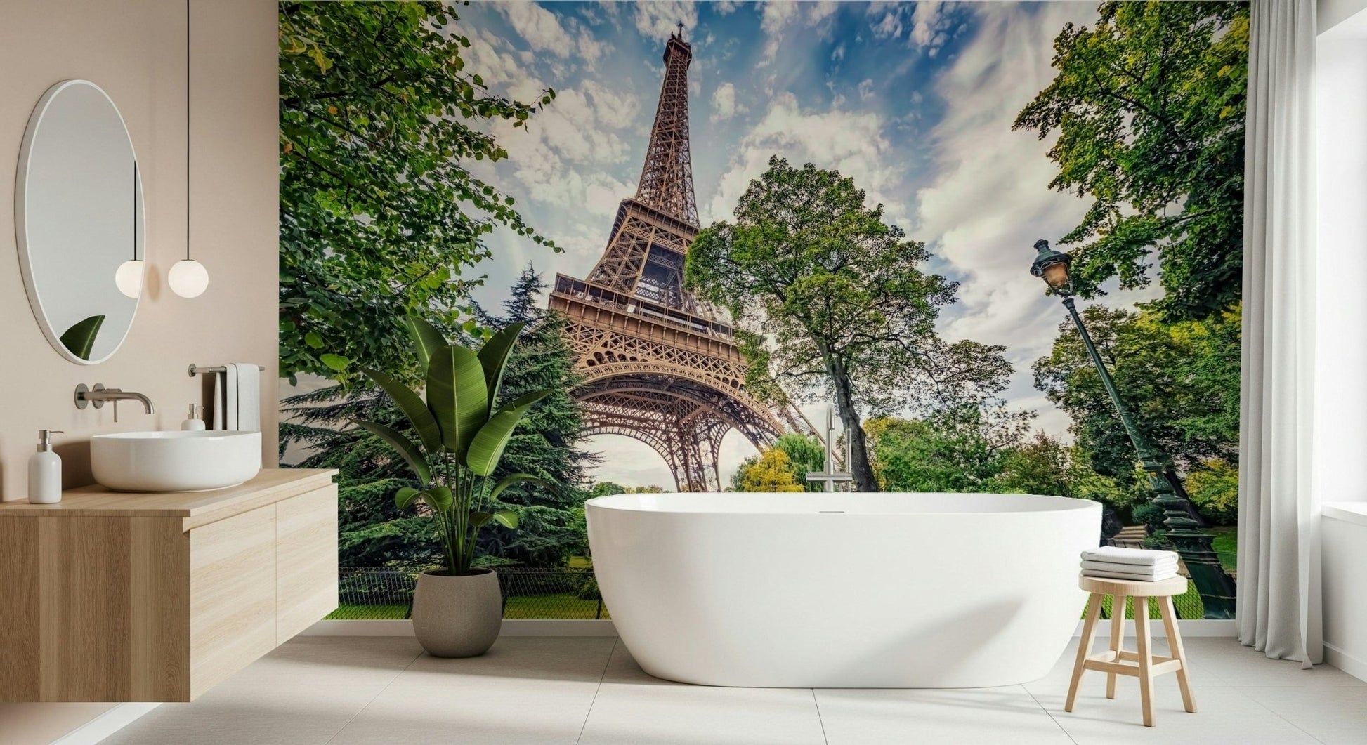 Eiffel Tower Greens wallpaper mural showing the Eiffel Tower in a bathroom with a freestanding tub and wood vanity