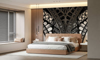 Living room feature wall with Eiffel Tower mural, urban style, neutral palette decor