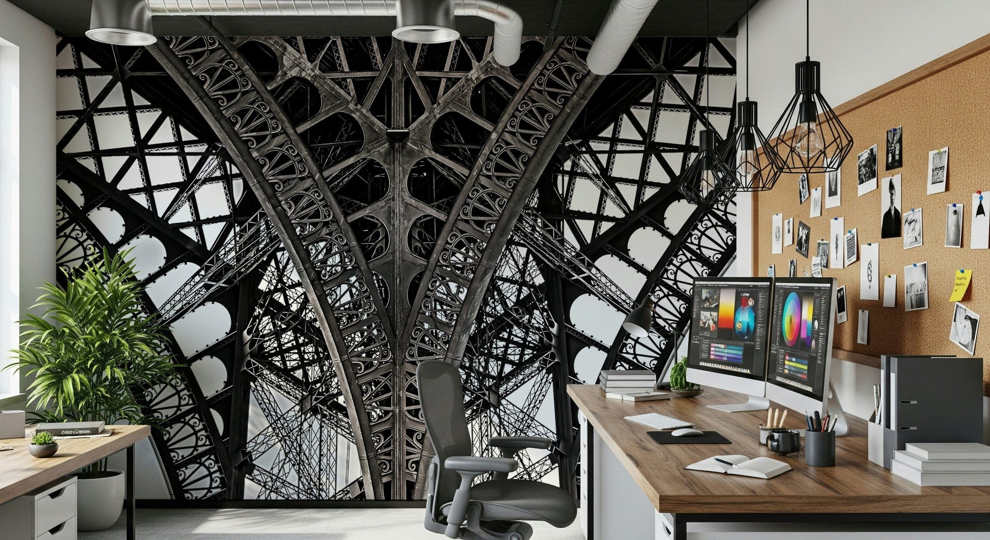 Eiffel mural above console table in entryway, Paris theme wall decor, neutral color scheme