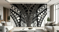 Paris Eiffel mural in bedroom, soft neutral palette, elegant cityscape feature wall
