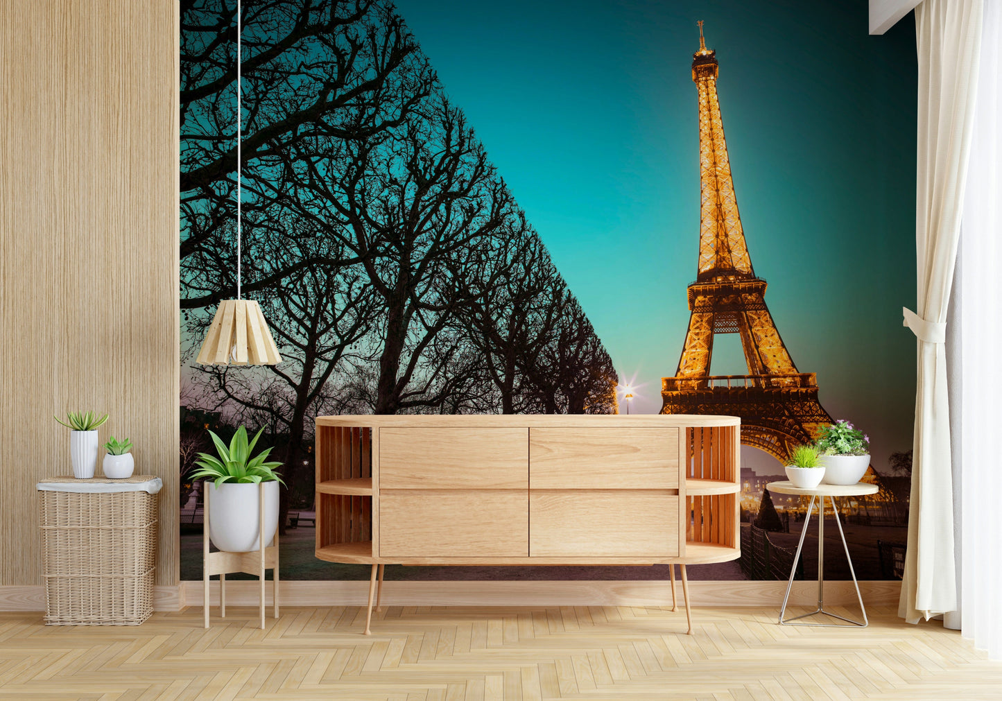Paris Night Mural Golden Eiffel Tower lit against a deep blue sky wallpaper.