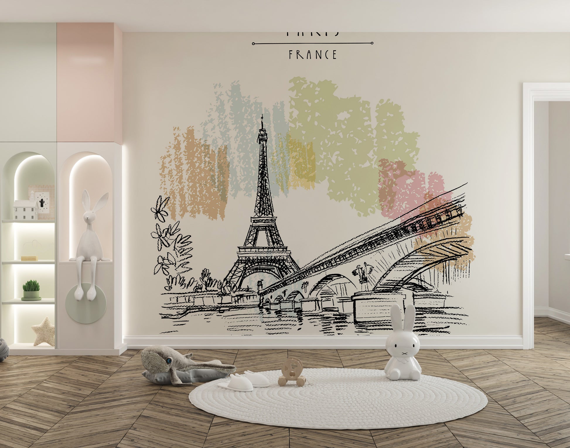 Paris-themed wall mural with Eiffel Tower