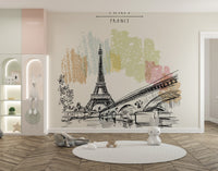Paris-themed wall mural with Eiffel Tower