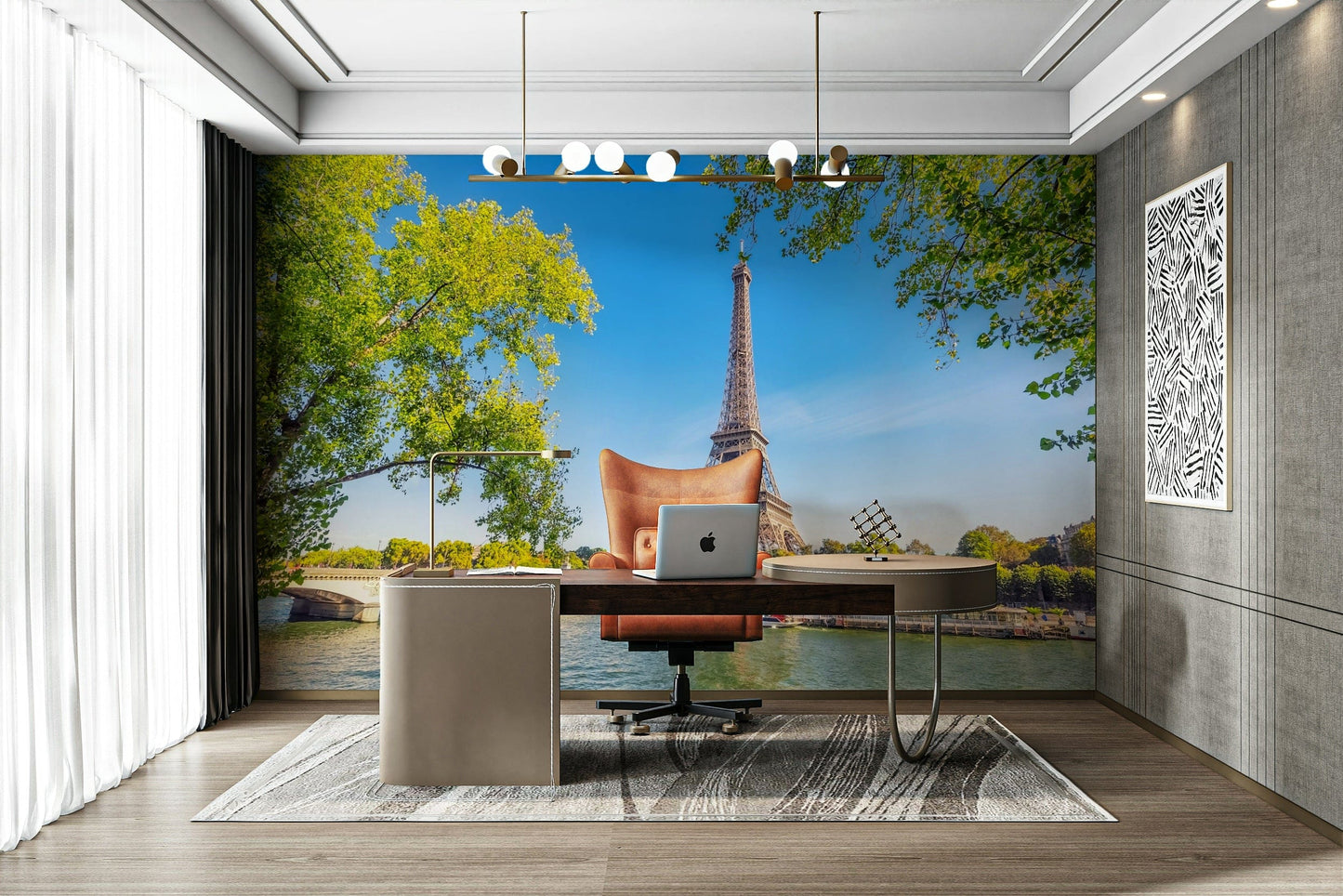 A beautiful modern art wall mural of a Parisian building.

