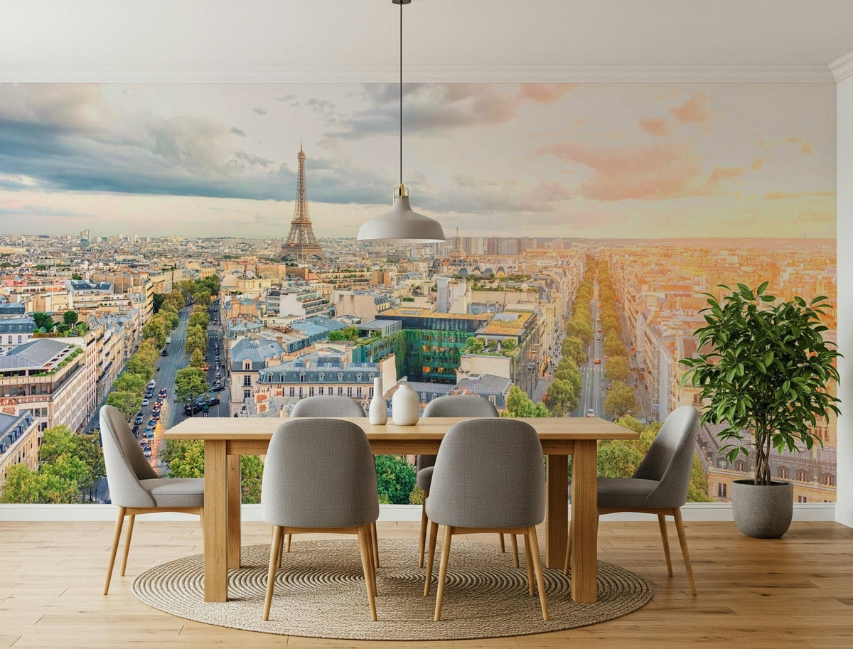 Eiffel's Dawn wallpaper mural showing an aerial Paris skyline and the Eiffel Tower above a wood dining table