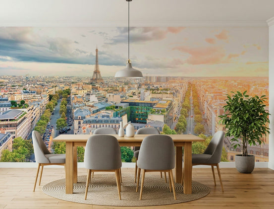 Eiffel's Dawn wallpaper mural showing an aerial Paris skyline and the Eiffel Tower above a wood dining table