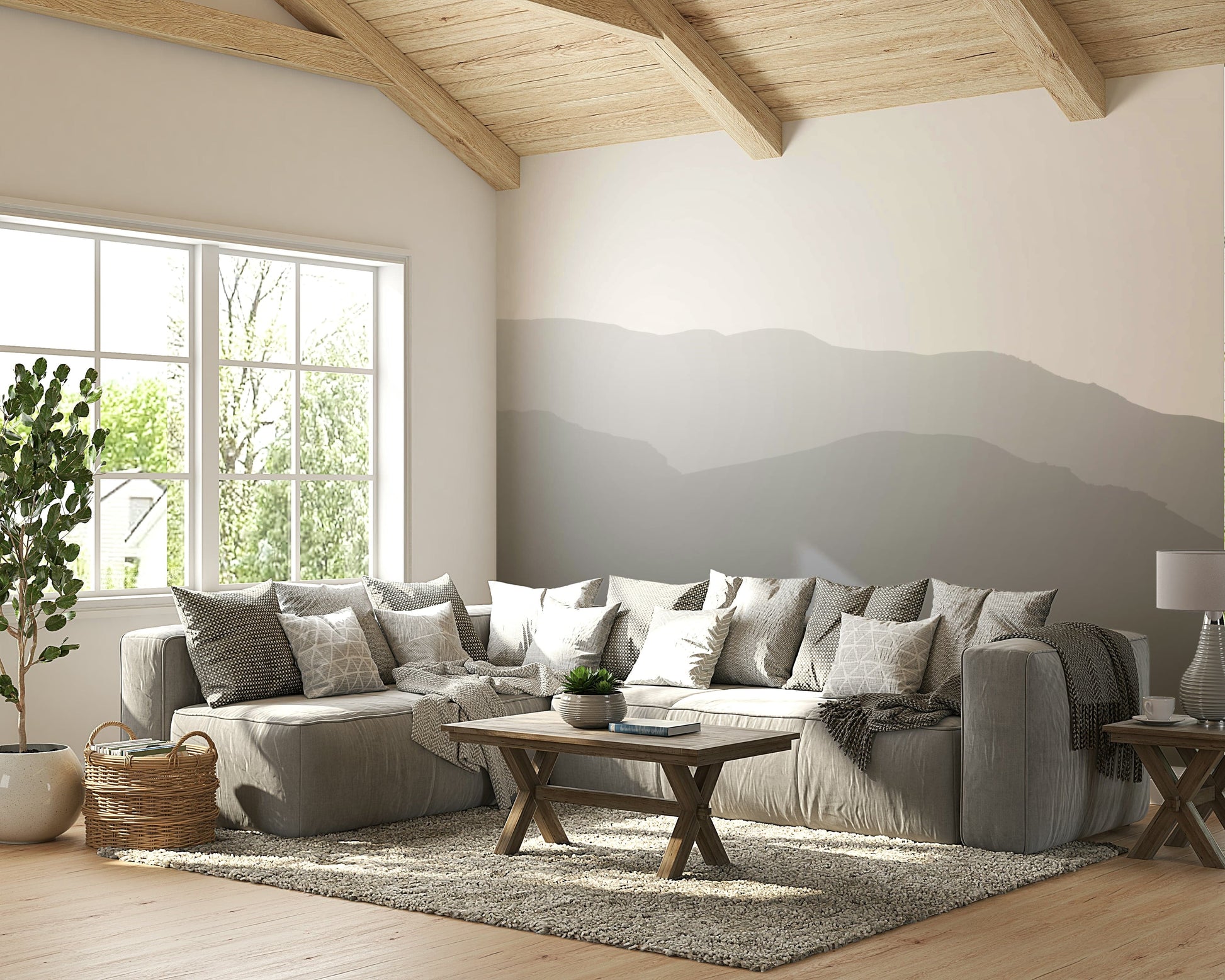 A living room with the mountain landscape wall mural.

