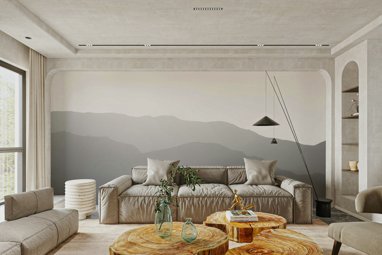 A close-up of the misty mountain ridges in black and white.

