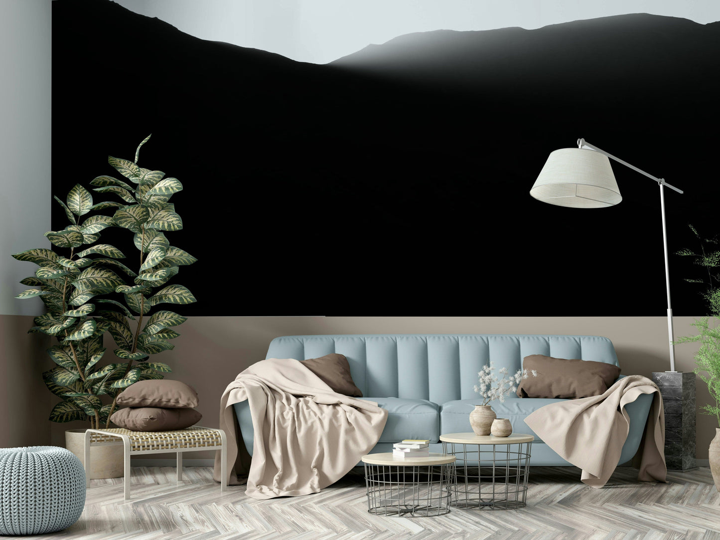 A living room with the mountain landscape wall mural.

