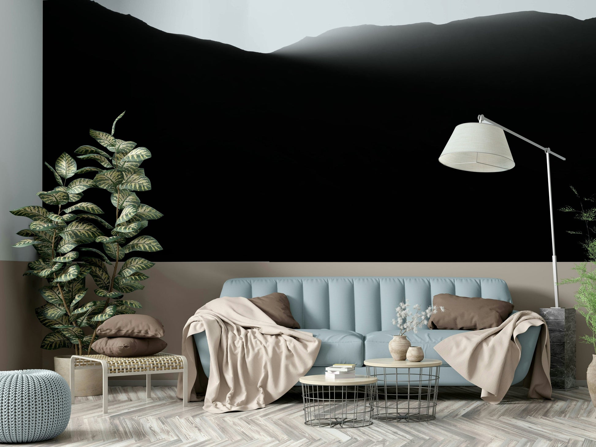A living room with the mountain landscape wall mural.


