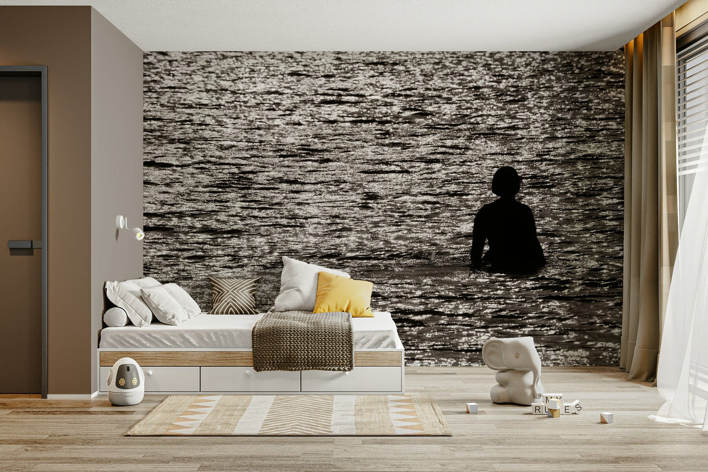 A peaceful seaside view mural on decorative wallpaper.

