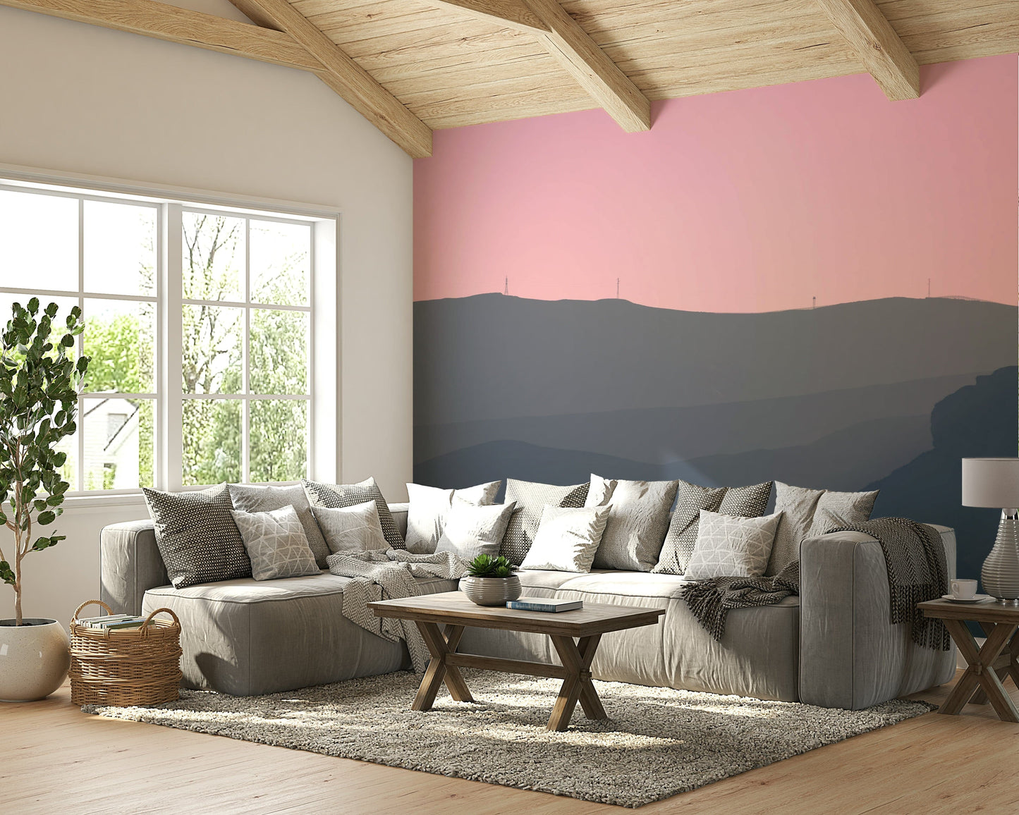 A high-angle view of the wall mural in a large space.

