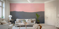 A living room with the mountain landscape wall mural.

