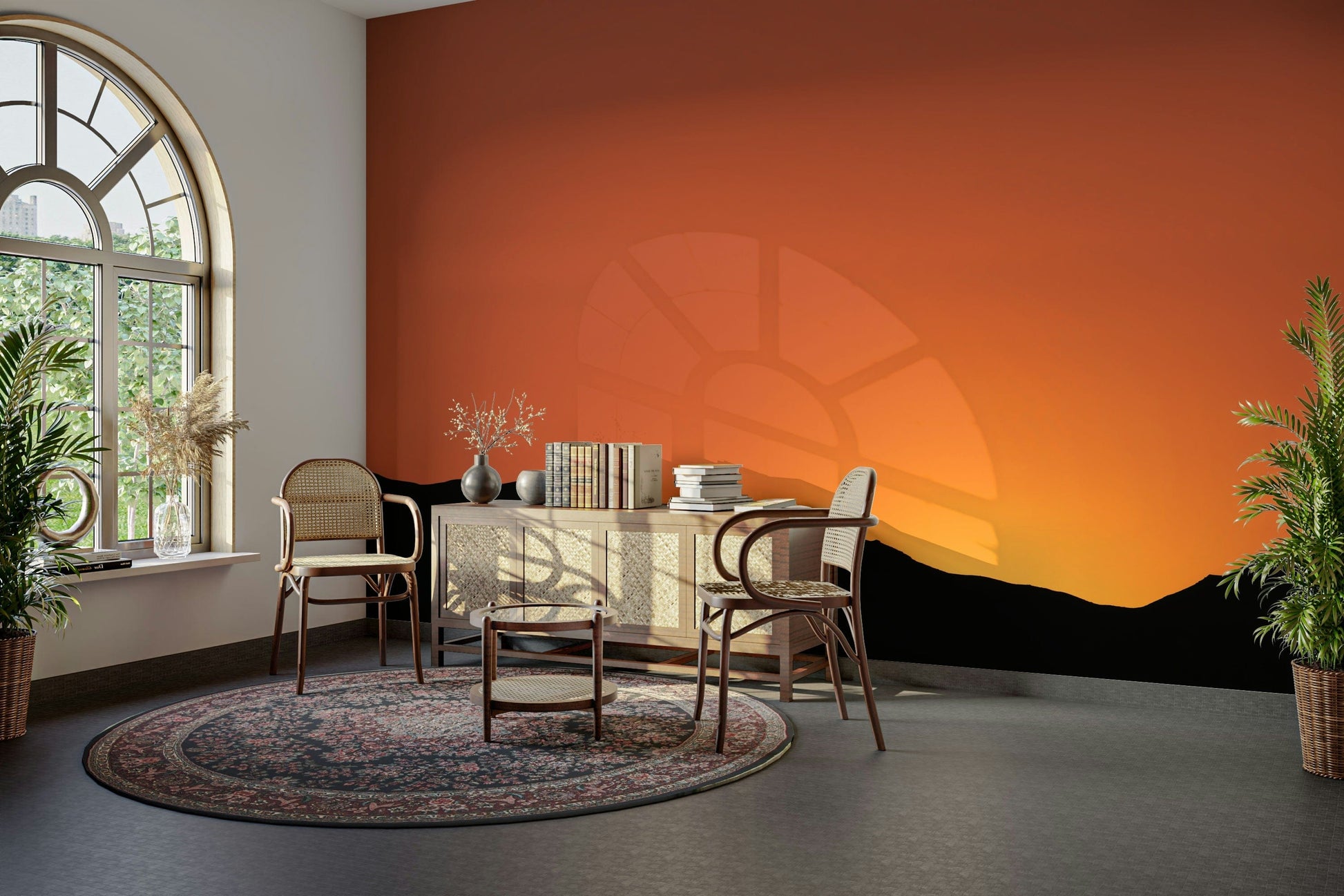 A high-angle view of the wall mural in a large space.

