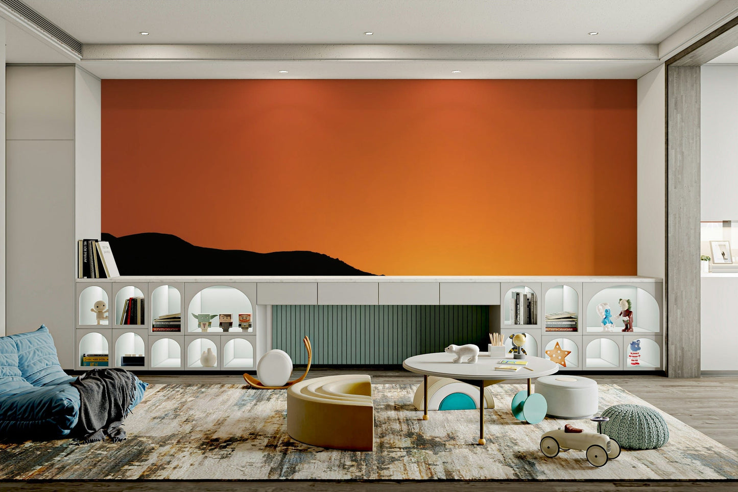 A close-up of the misty mountain ridges and soft, gradient tones.

