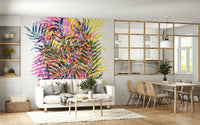 Electric Jungle Foliage Wallpaper – Bold wall mural showcasing abstract jungle plants in vivid neon colors.