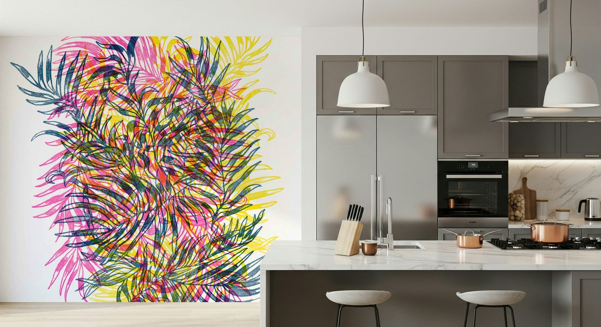 Exotic Jungle Wall Mural – Vibrant, modern mural highlighting jungle flora in electric, bright colors.