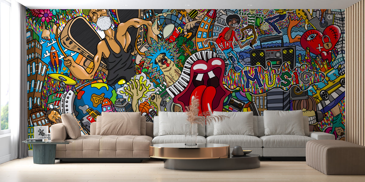 Electric Music Collage Graffiti wallpaper mural in bold colors behind a large beige sectional sofa in a living room