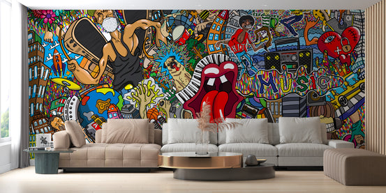 Electric Music Collage Graffiti wallpaper mural in bold colors behind a large beige sectional sofa in a living room