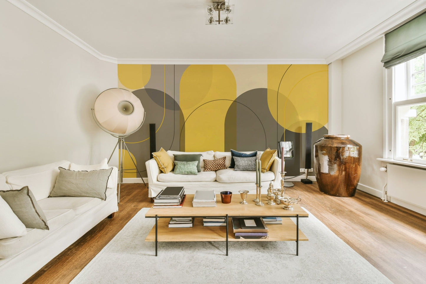 Elegant arches wall mural in taupe and yellow tones

