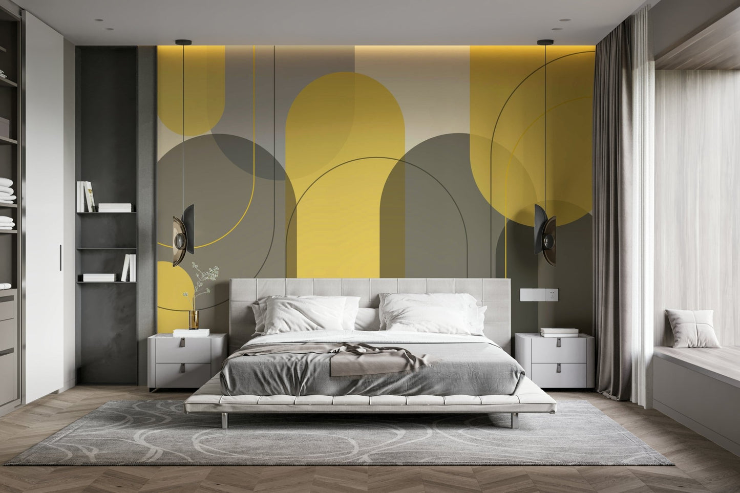Minimalist mural featuring yellow and taupe arches

