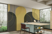 Modern abstract wall mural with grey and yellow arches

