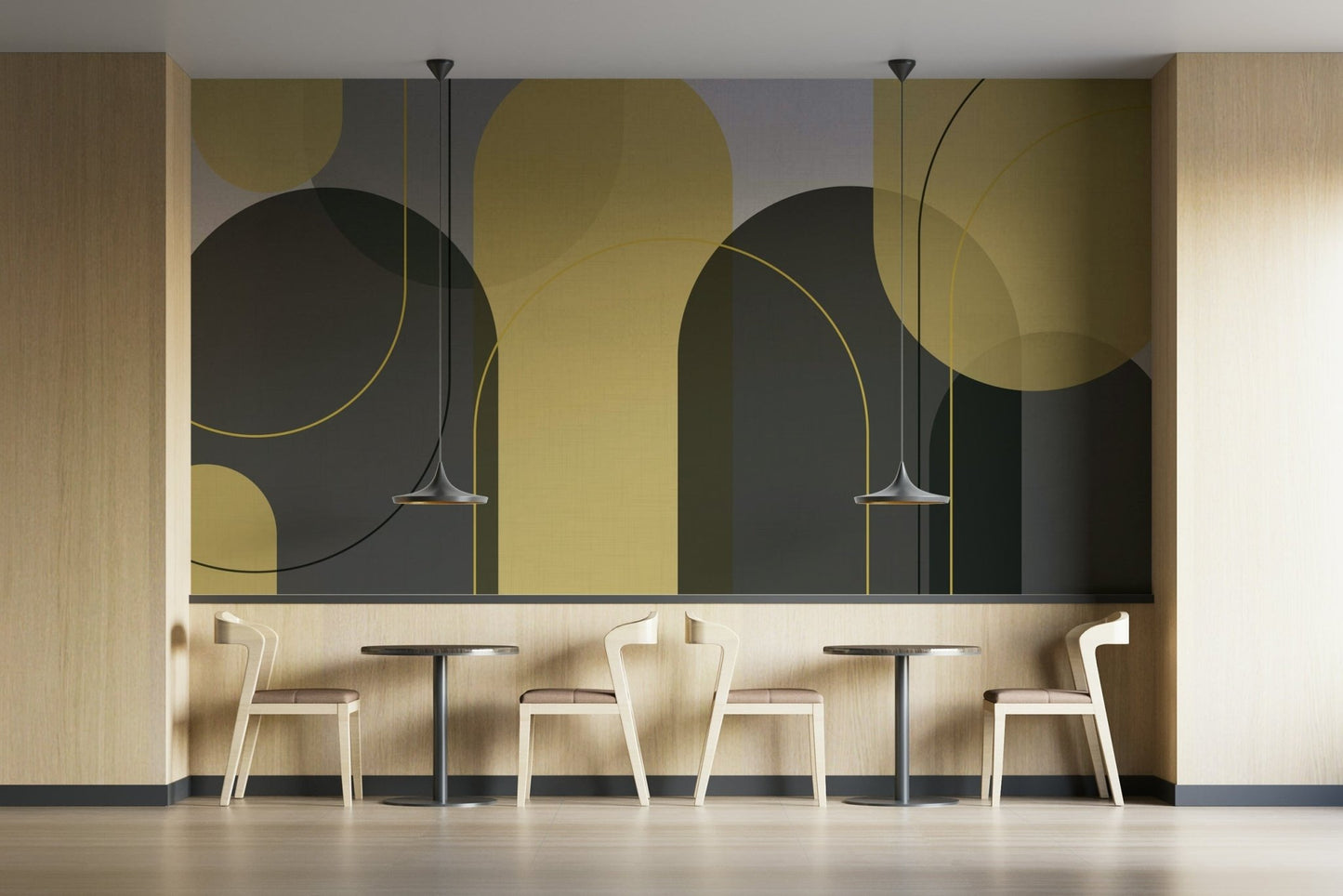 Stylish curved shape wall mural in grey and yellow

