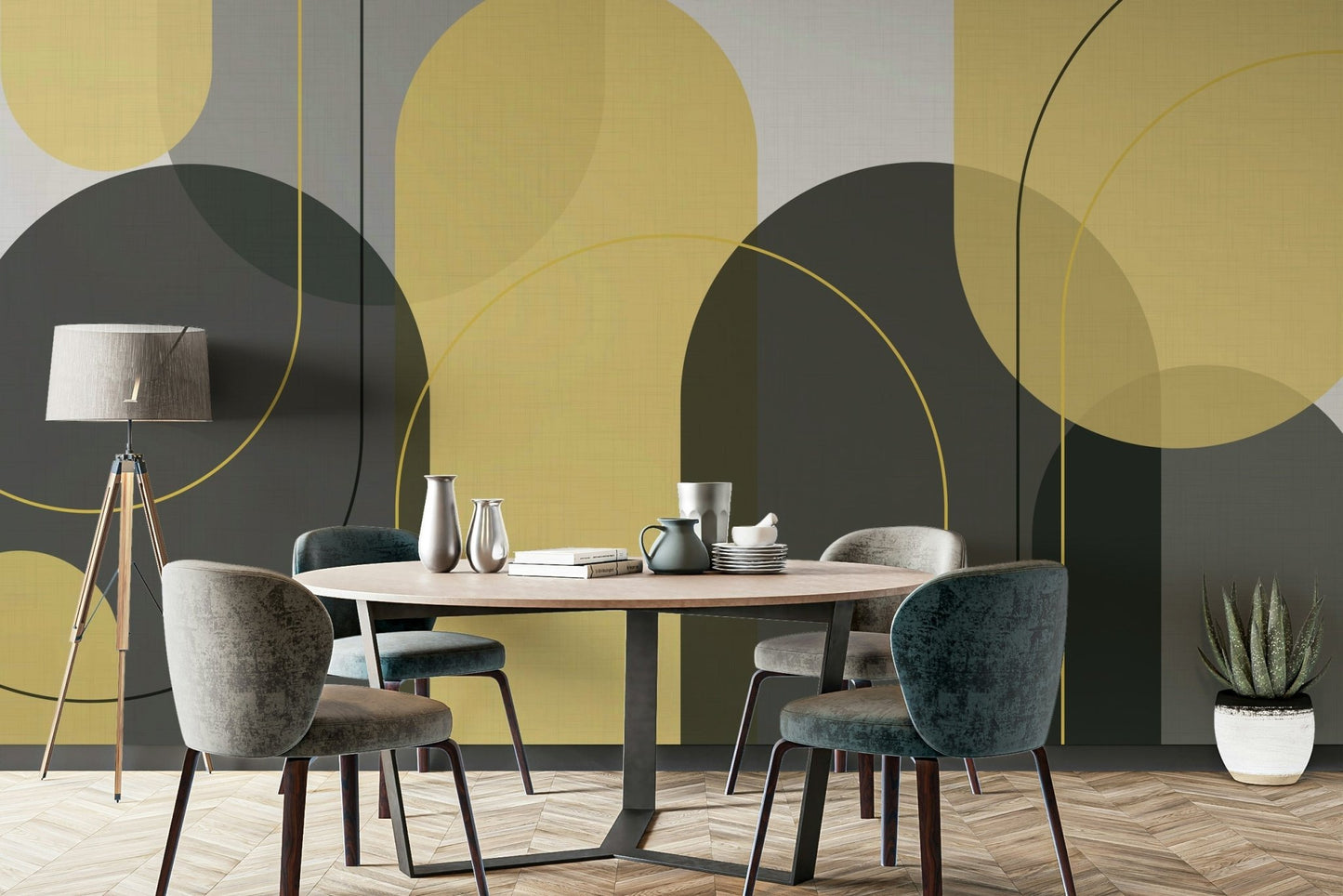 Contemporary yellow and grey arch wallpaper design

