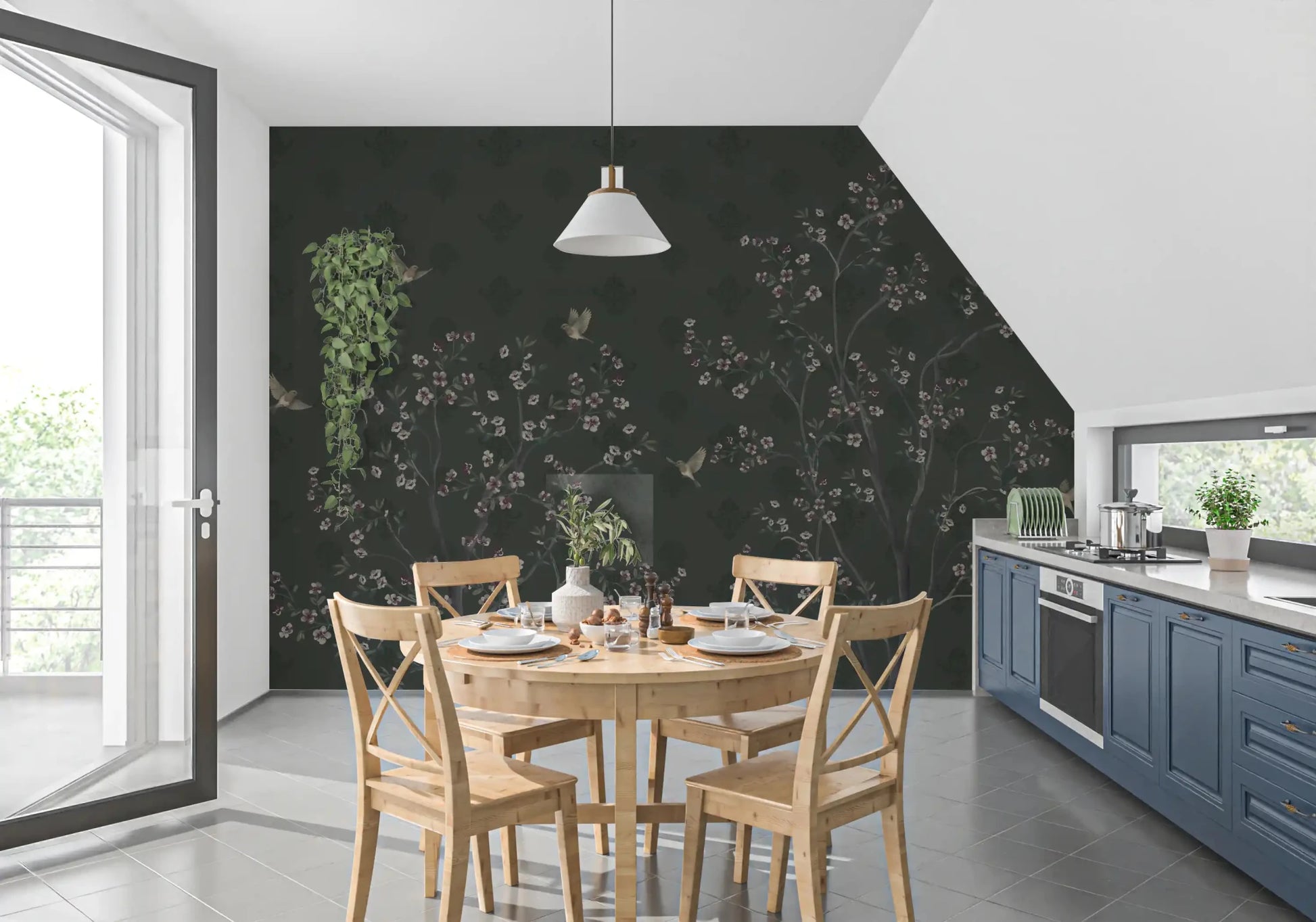 Wisteria blooms highlight the Elegant Avian Bloom Wall Mural surface.