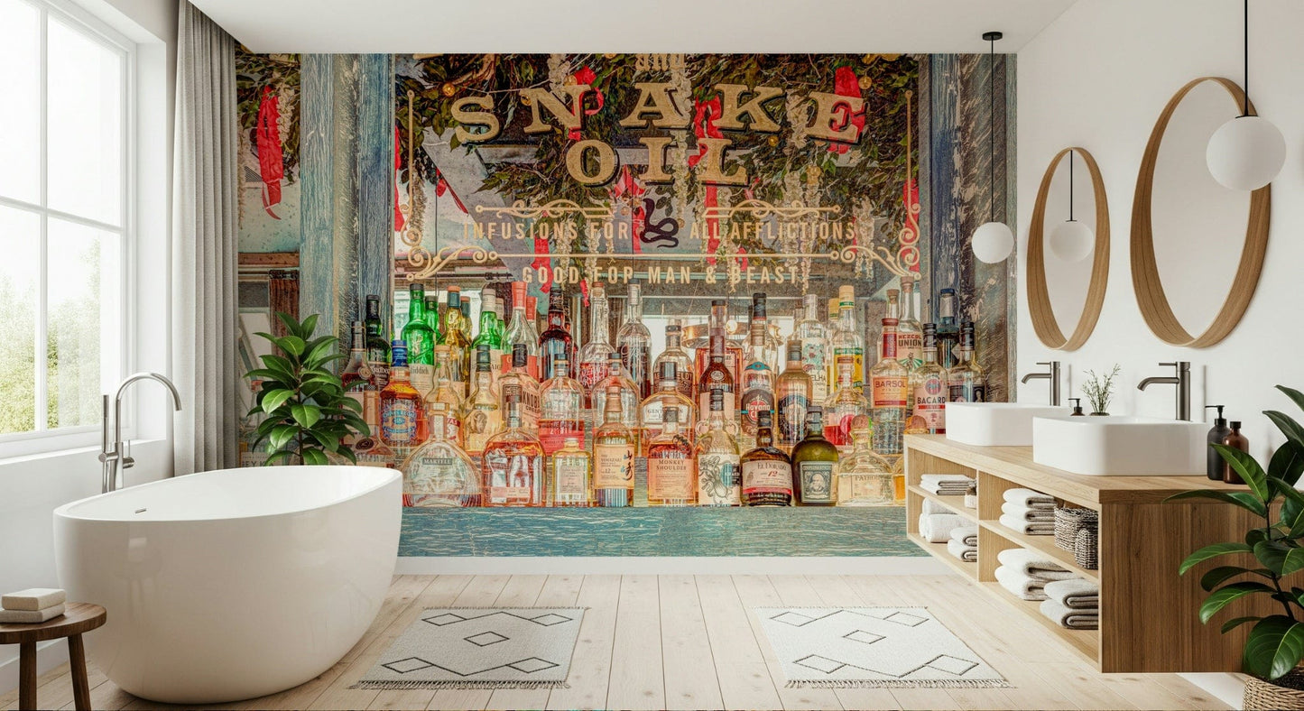 Atmospheric Elegant Bar Interior wallpaper Eclectic bottle arrangement on shelves.