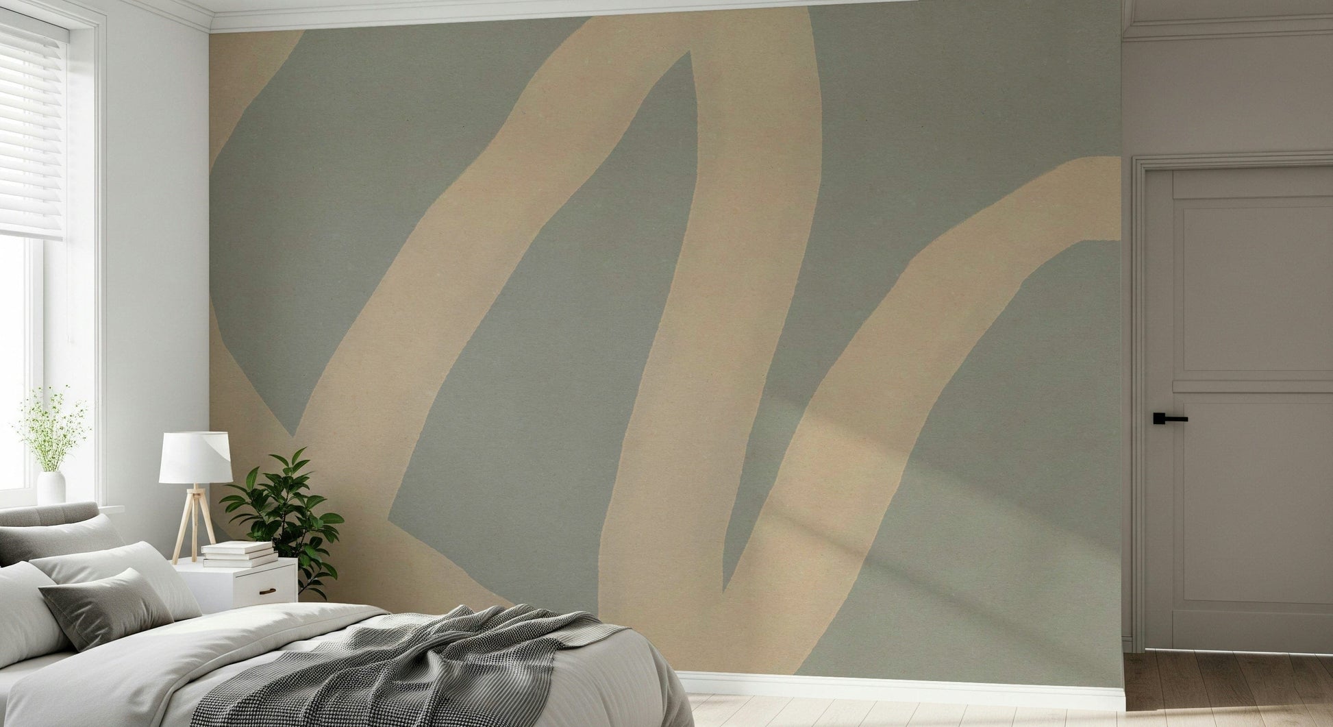 A peaceful modern abstract mural on decorative wallpaper.