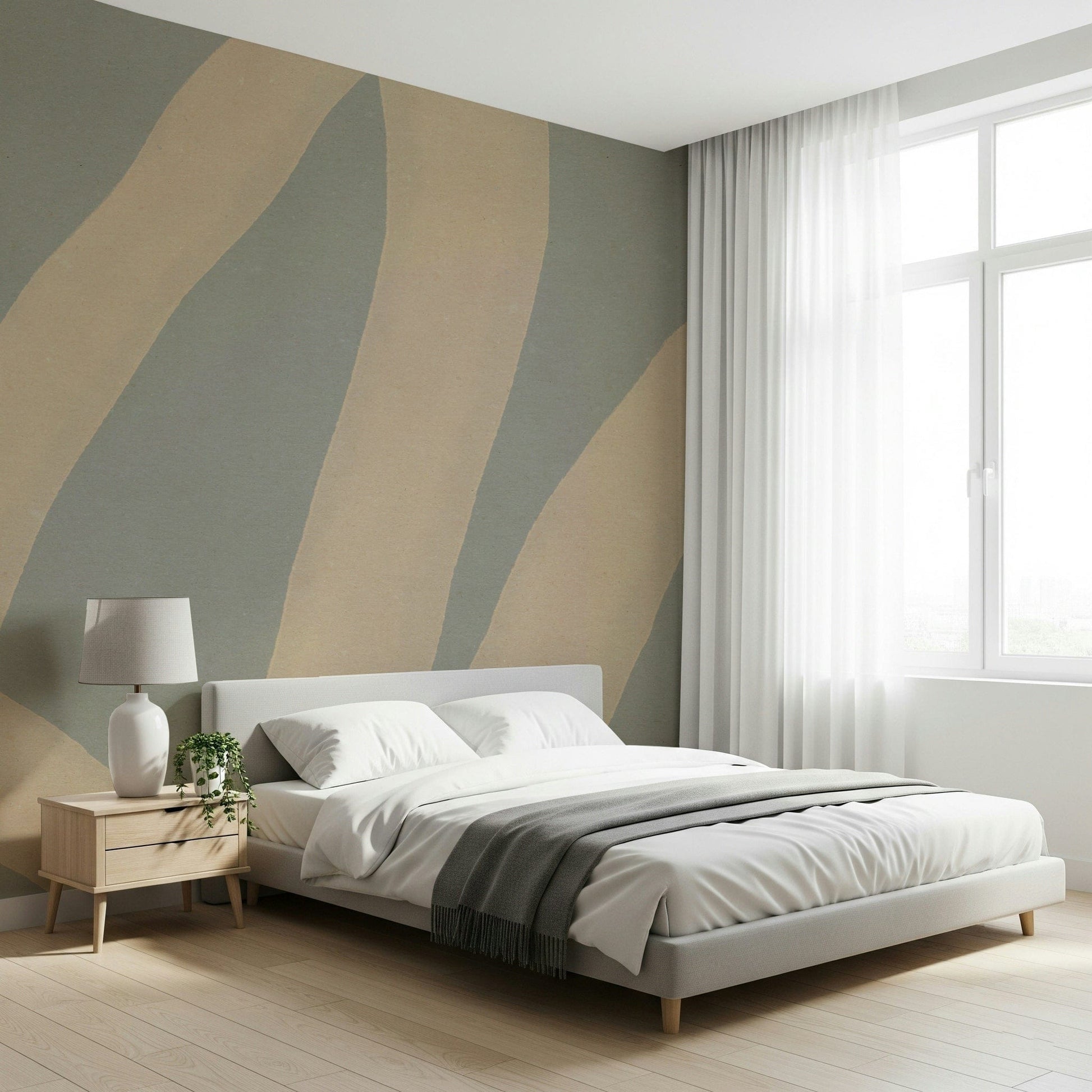 A contemplative fluid design wallpaper mural for a feature wall.