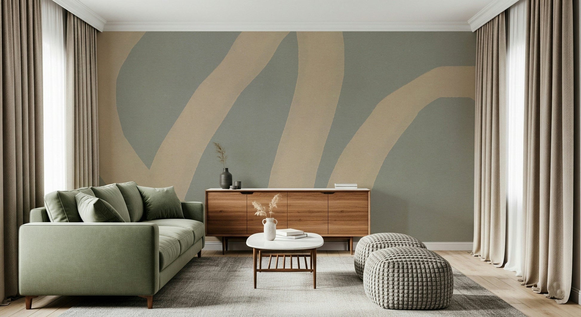 A beautiful abstract curved line wallpaper mural for a modern home.