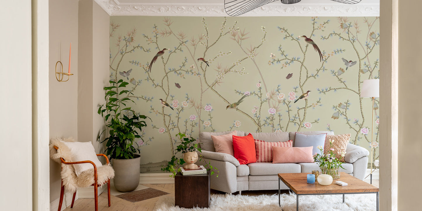 Minimalist white and grey Chinoiseries Birds wallpaper for a subtle look.