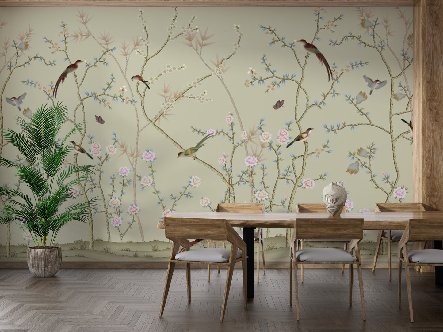 Deep navy dining area wall mural featuring golden birds and exotic flowers.