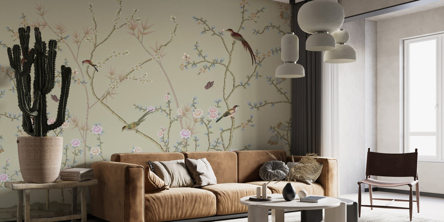 Pastel pink Chinoiseries Birds  hallway wallpaper mural for a serene backdrop.